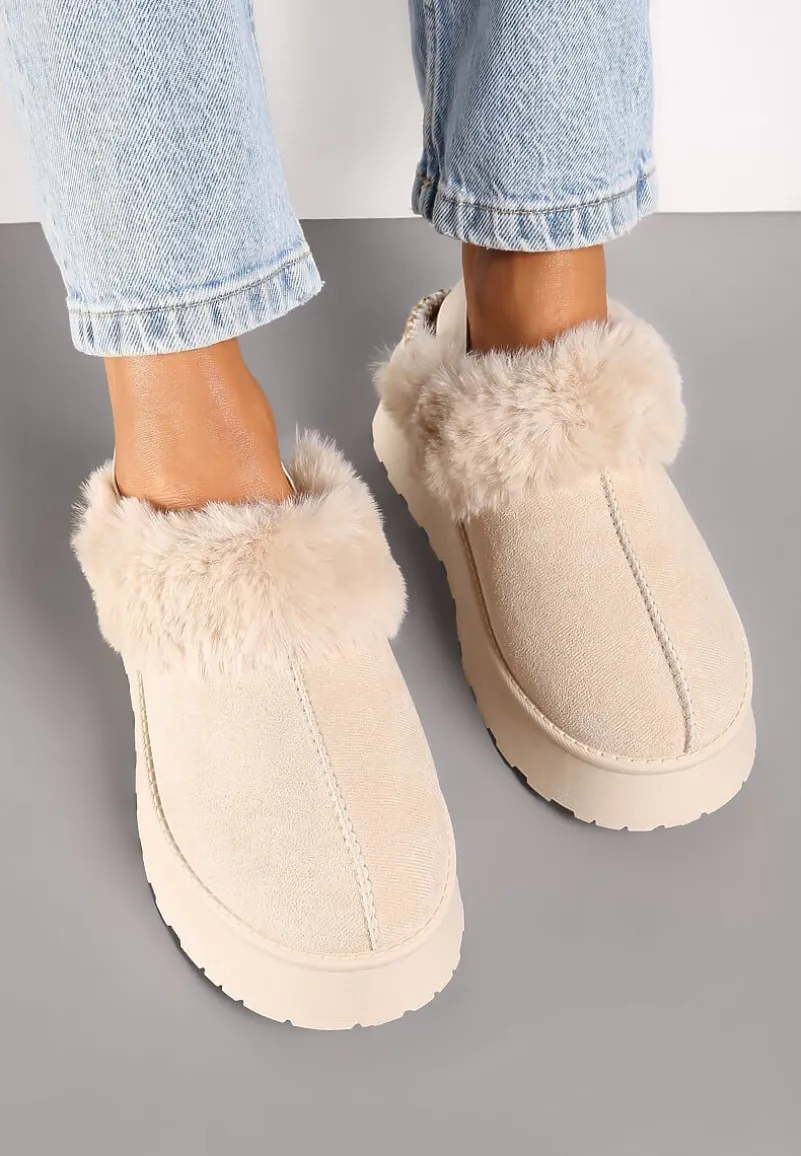 Beżowe Śniegowce na Platformie Ozdobione Futerkiem i Paskiem na Pięcie Inarine