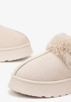 Beżowe Śniegowce na Platformie Ozdobione Futerkiem i Paskiem na Pięcie Inarine