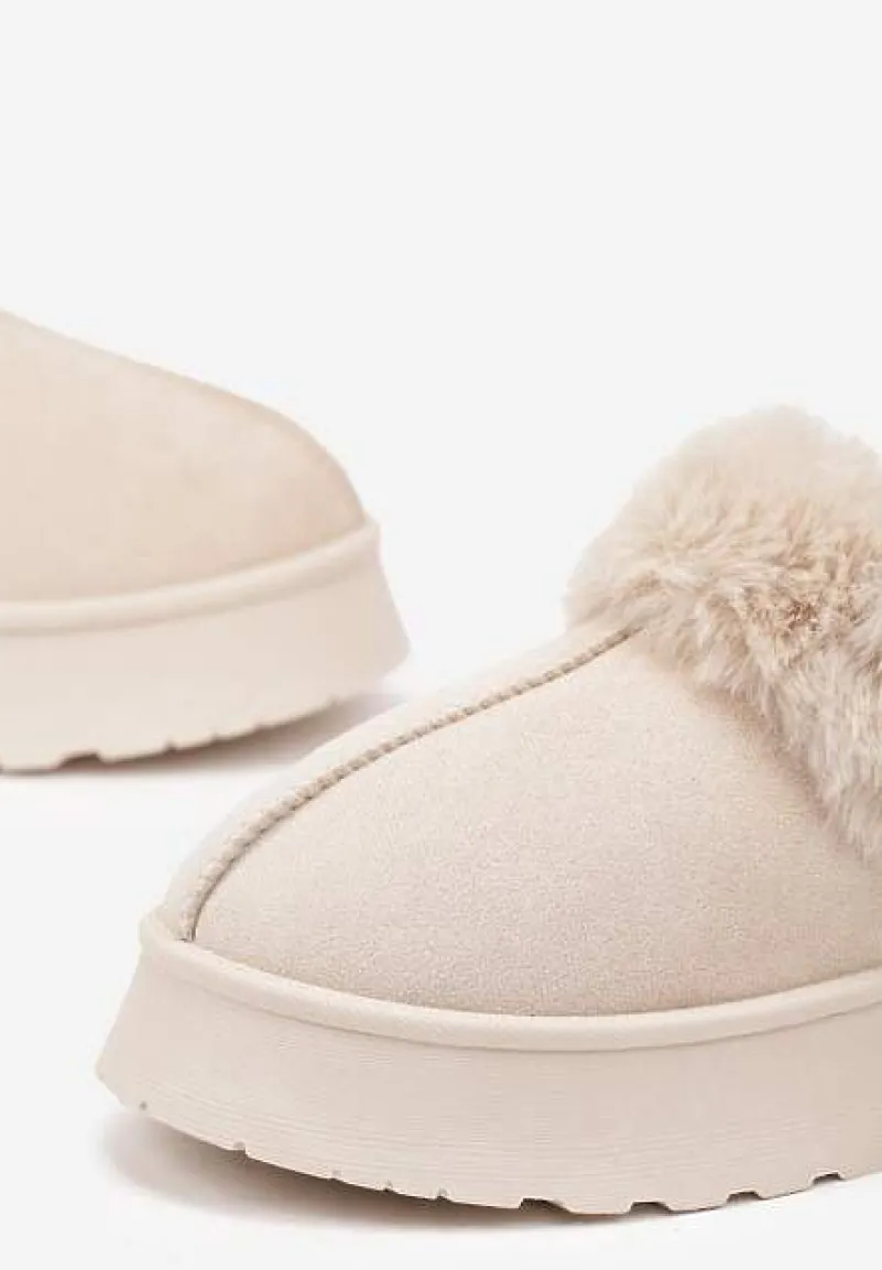 Beżowe Śniegowce na Platformie Ozdobione Futerkiem i Paskiem na Pięcie Inarine