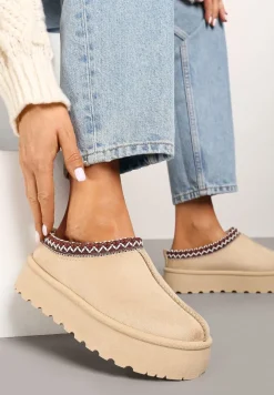 Beżowe Śniegowce na Platformie z Niską Cholewką Ozdobione Haftem Metaria