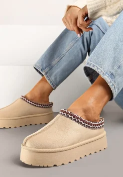 Beżowe Śniegowce na Platformie z Niską Cholewką Ozdobione Haftem Metaria