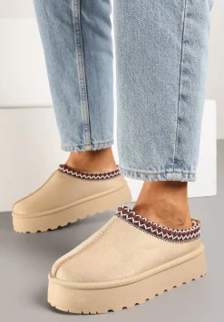 Beżowe Śniegowce na Platformie z Niską Cholewką Ozdobione Haftem Metaria