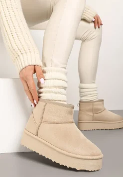 Beżowe Śniegowce na Platformie z Ozdobnymi Przeszyciami Vertirina