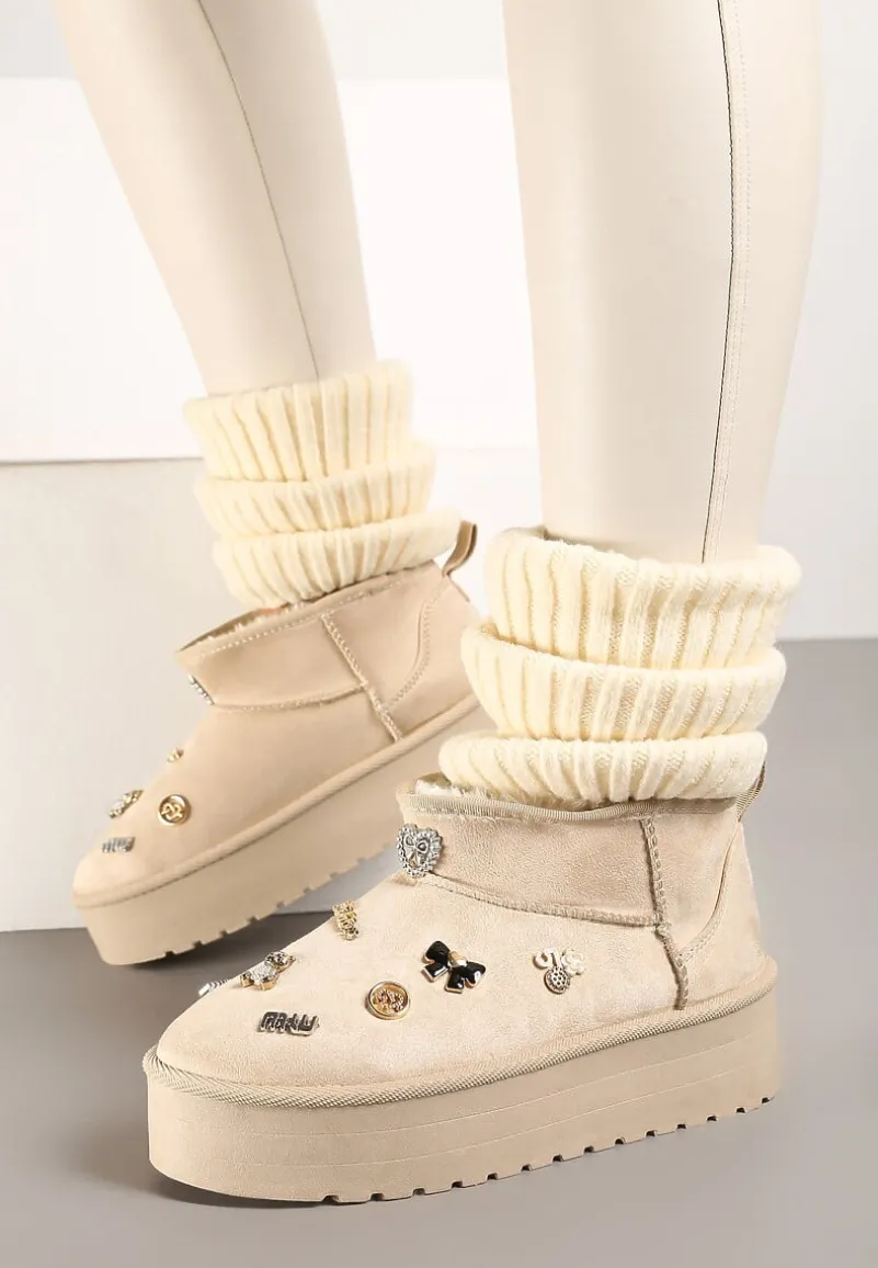 Beżowe Śniegowce na Platformie z Ozdobami 3D Semariah