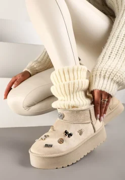 Beżowe Śniegowce na Platformie z Ozdobami 3D Semariah