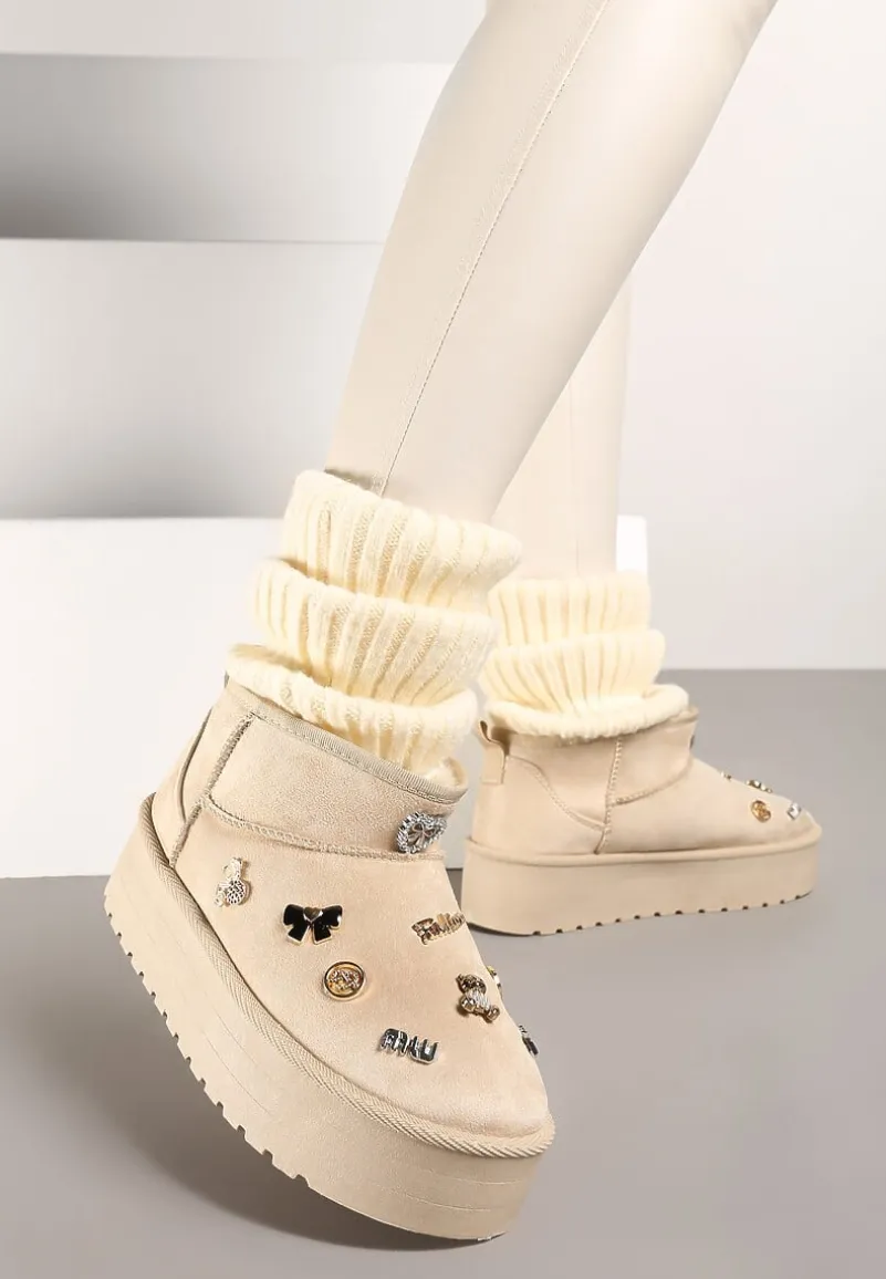 Beżowe Śniegowce na Platformie z Ozdobami 3D Semariah