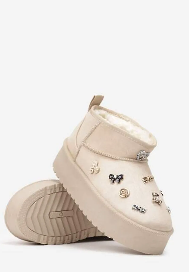 Beżowe Śniegowce na Platformie z Ozdobami 3D Semariah