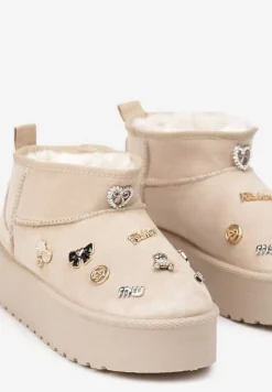 Beżowe Śniegowce na Platformie z Ozdobami 3D Semariah