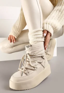 Beżowe Śniegowce na Platformie ze Sznurowaniem i Ściągaczem Tinnevia