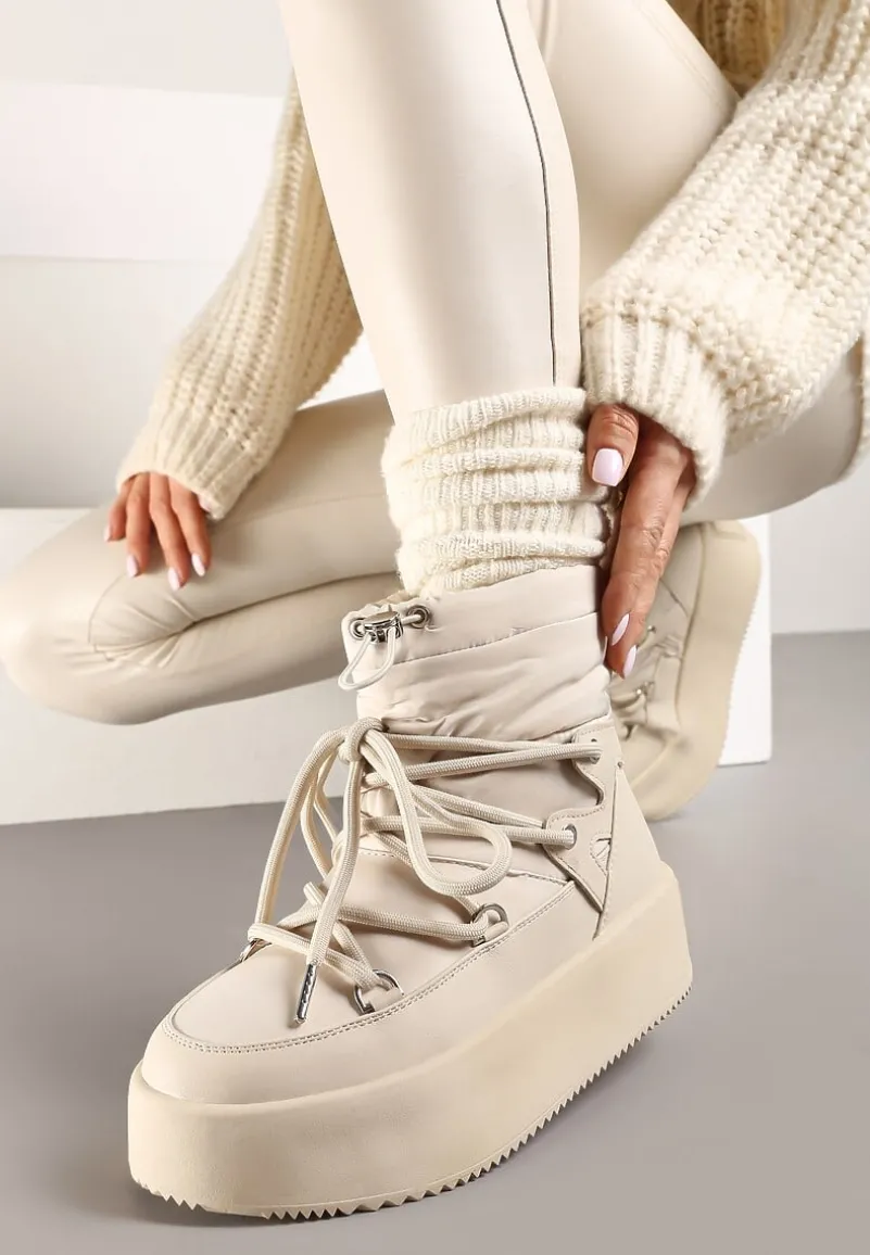 Beżowe Śniegowce na Platformie ze Sznurowaniem i Ściągaczem Tinnevia