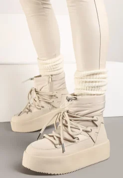 Beżowe Śniegowce na Platformie ze Sznurowaniem i Ściągaczem Tinnevia
