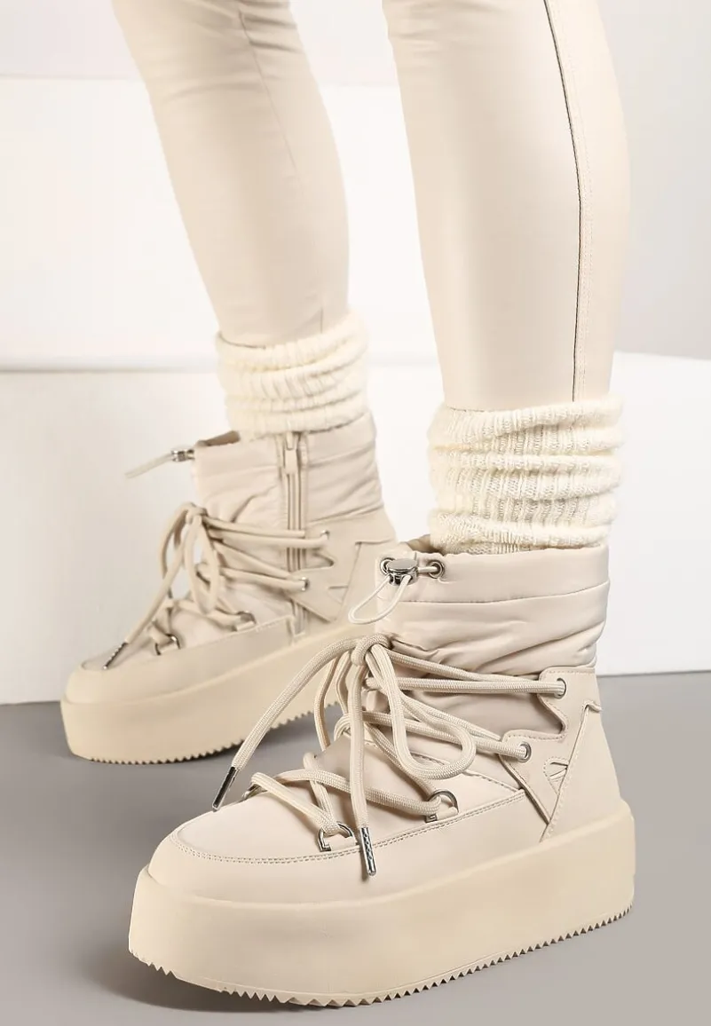 Beżowe Śniegowce na Platformie ze Sznurowaniem i Ściągaczem Tinnevia