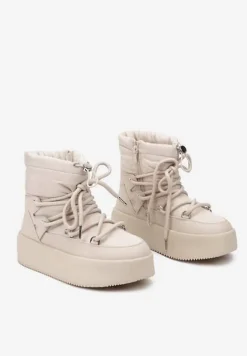 Beżowe Śniegowce na Platformie ze Sznurowaniem i Ściągaczem Tinnevia