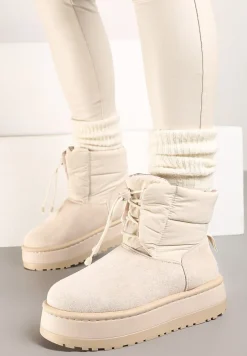 Beżowe Śniegowce na Platformie z Pikowaną Cholewką Ściągaczem i Sznurowaniem Mazirina