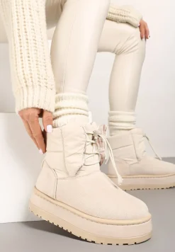 Beżowe Śniegowce na Platformie z Pikowaną Cholewką Ściągaczem i Sznurowaniem Mazirina