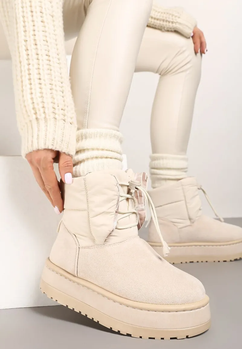 Beżowe Śniegowce na Platformie z Pikowaną Cholewką Ściągaczem i Sznurowaniem Mazirina