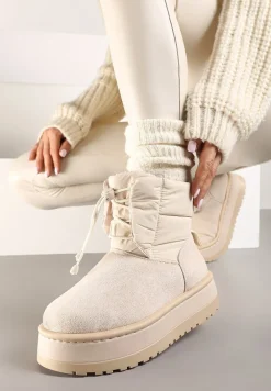 Beżowe Śniegowce na Platformie z Pikowaną Cholewką Ściągaczem i Sznurowaniem Mazirina