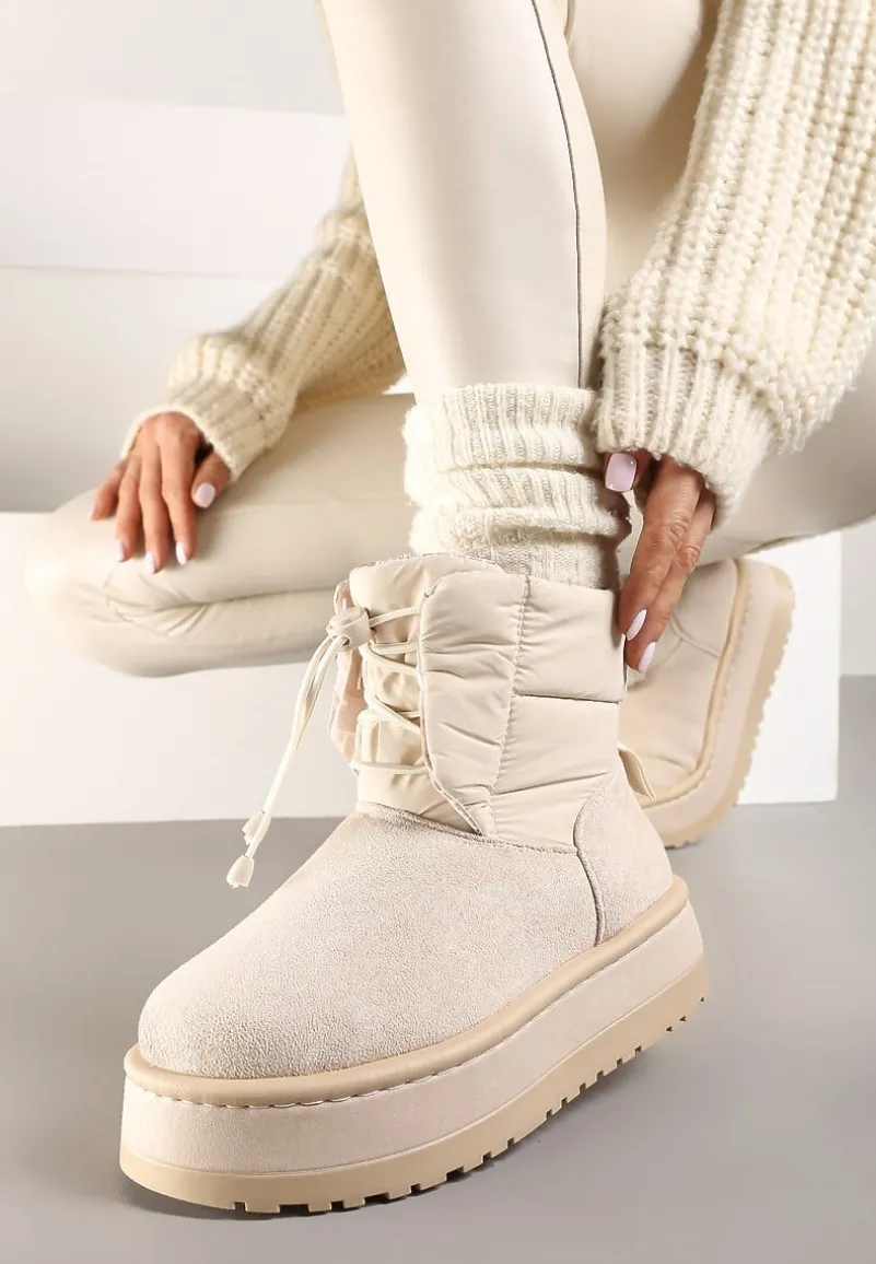 Beżowe Śniegowce na Platformie z Pikowaną Cholewką Ściągaczem i Sznurowaniem Mazirina