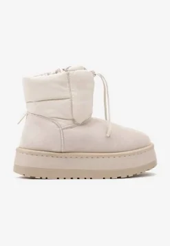 Beżowe Śniegowce na Platformie z Pikowaną Cholewką Ściągaczem i Sznurowaniem Mazirina