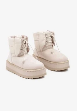 Beżowe Śniegowce na Platformie z Pikowaną Cholewką Ściągaczem i Sznurowaniem Mazirina