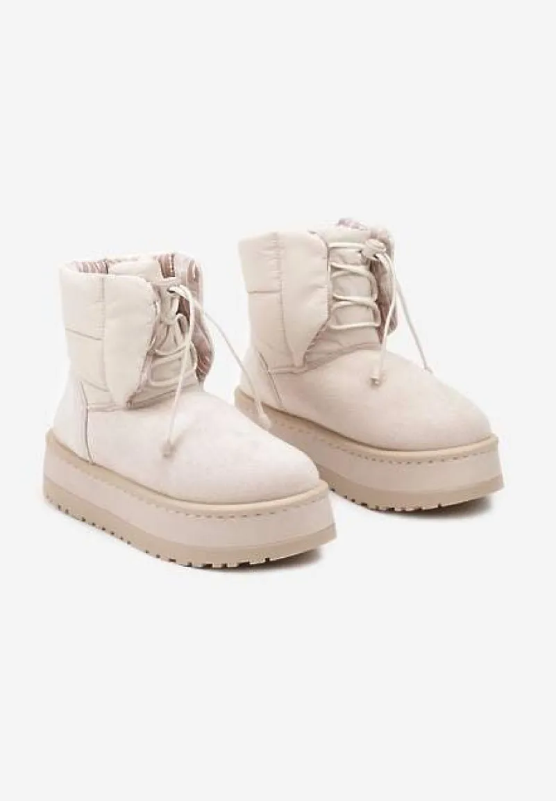 Beżowe Śniegowce na Platformie z Pikowaną Cholewką Ściągaczem i Sznurowaniem Mazirina