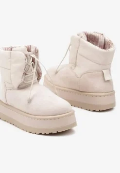 Beżowe Śniegowce na Platformie z Pikowaną Cholewką Ściągaczem i Sznurowaniem Mazirina
