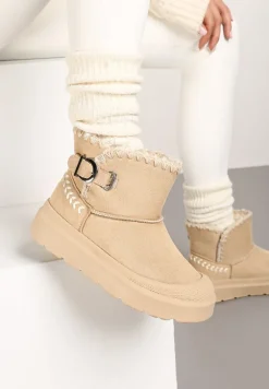 Beżowe Śniegowce na Platformie Ozdobione Klamrą i Haftem Rinneva