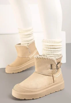 Beżowe Śniegowce na Platformie Ozdobione Klamrą i Haftem Rinneva