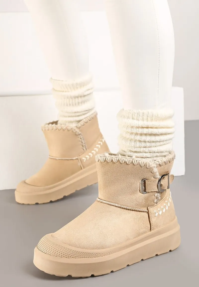 Beżowe Śniegowce na Platformie Ozdobione Klamrą i Haftem Rinneva