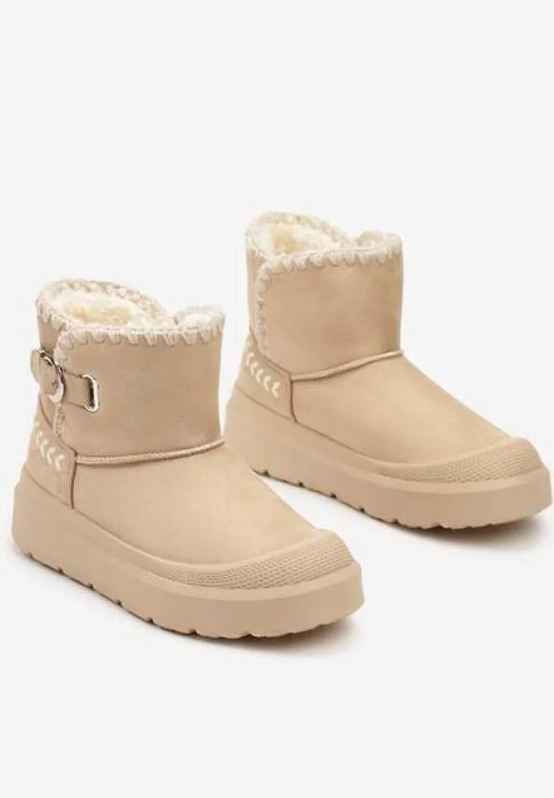 Beżowe Śniegowce na Platformie Ozdobione Klamrą i Haftem Rinneva