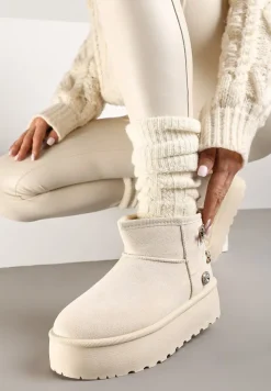 Beżowe Śniegowce na Platformie Ozdobione Metalicznymi Aplikacjami Teccaria