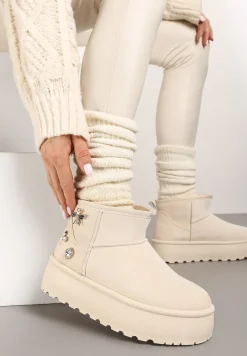 Beżowe Śniegowce na Platformie Ozdobione Metalicznymi Aplikacjami Teccaria