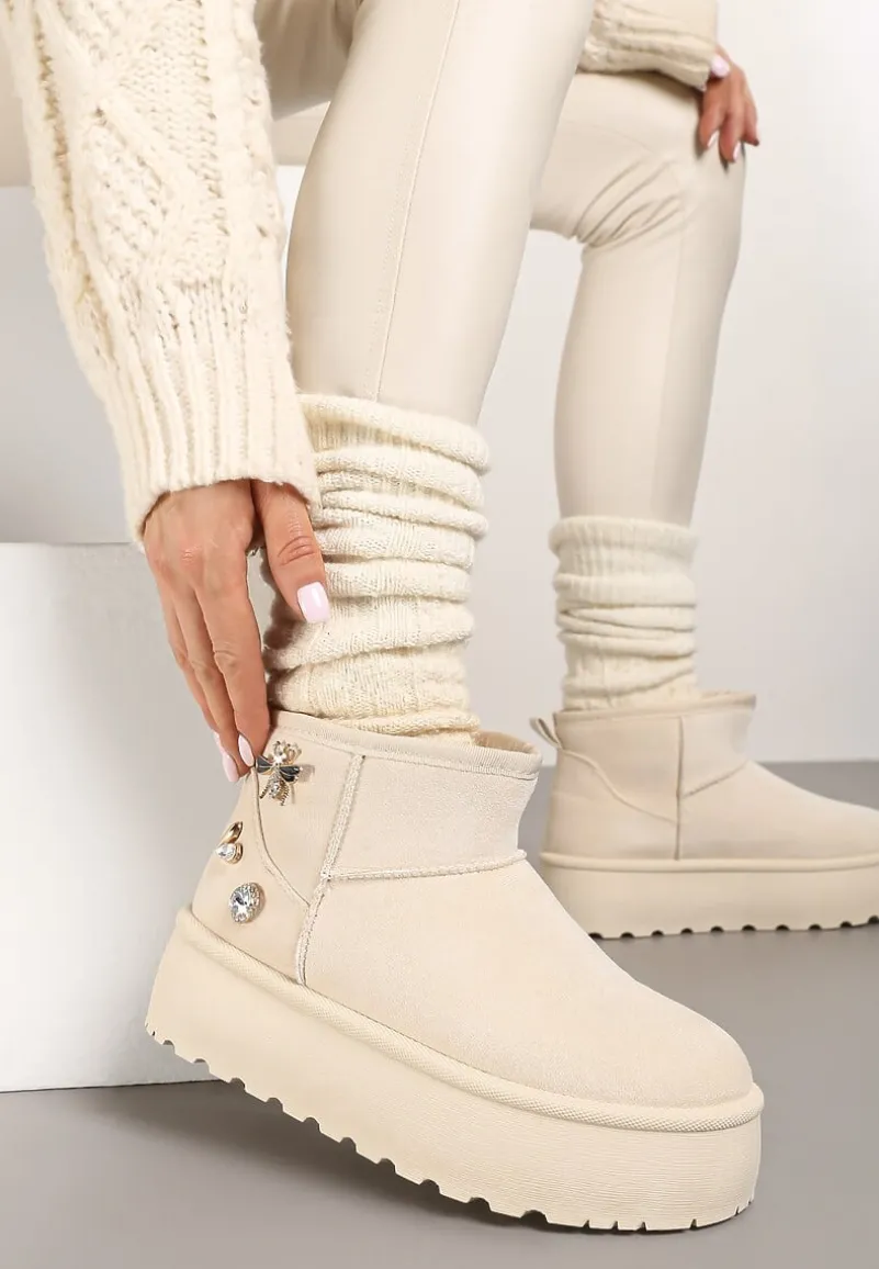 Beżowe Śniegowce na Platformie Ozdobione Metalicznymi Aplikacjami Teccaria