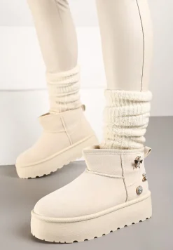 Beżowe Śniegowce na Platformie Ozdobione Metalicznymi Aplikacjami Teccaria