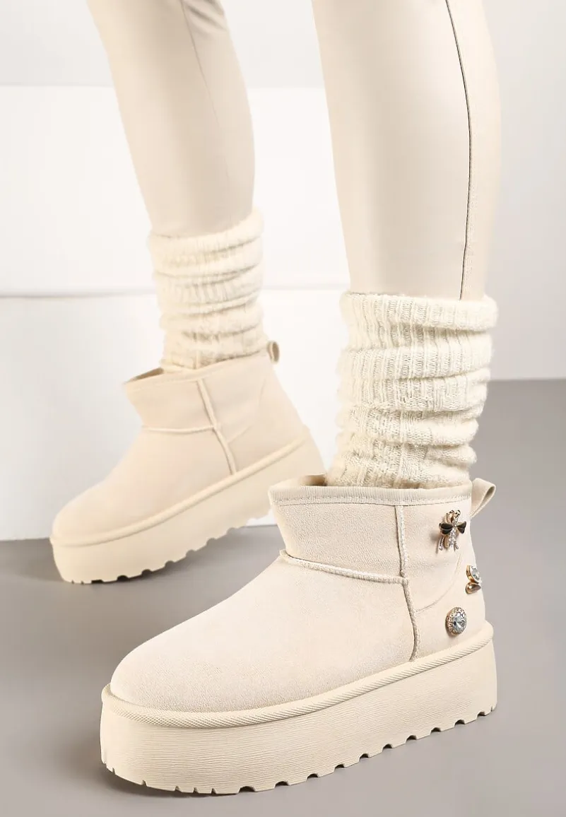 Beżowe Śniegowce na Platformie Ozdobione Metalicznymi Aplikacjami Teccaria