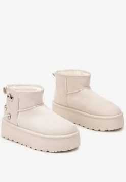 Beżowe Śniegowce na Platformie Ozdobione Metalicznymi Aplikacjami Teccaria