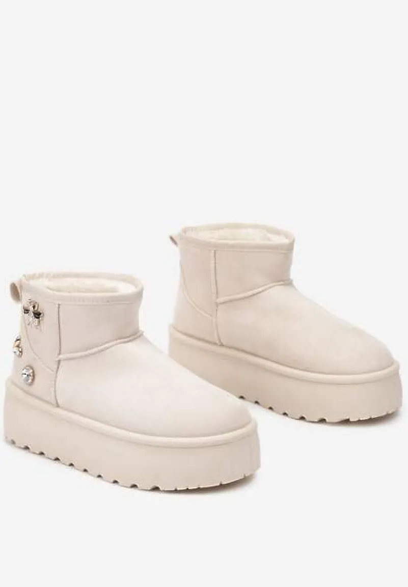 Beżowe Śniegowce na Platformie Ozdobione Metalicznymi Aplikacjami Teccaria