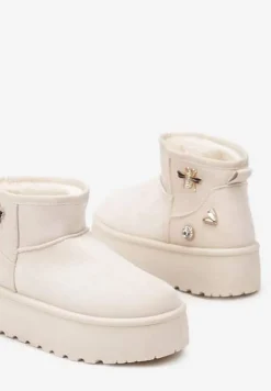 Beżowe Śniegowce na Platformie Ozdobione Metalicznymi Aplikacjami Teccaria