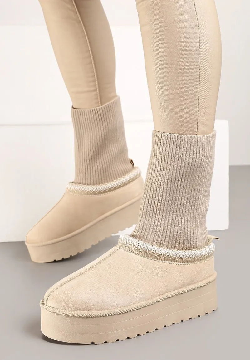 Beżowe Śniegowce na Platformie z Ozdobną Dopasowaną Cholewką i Haftowanymi Obszyciami Tinnacilia