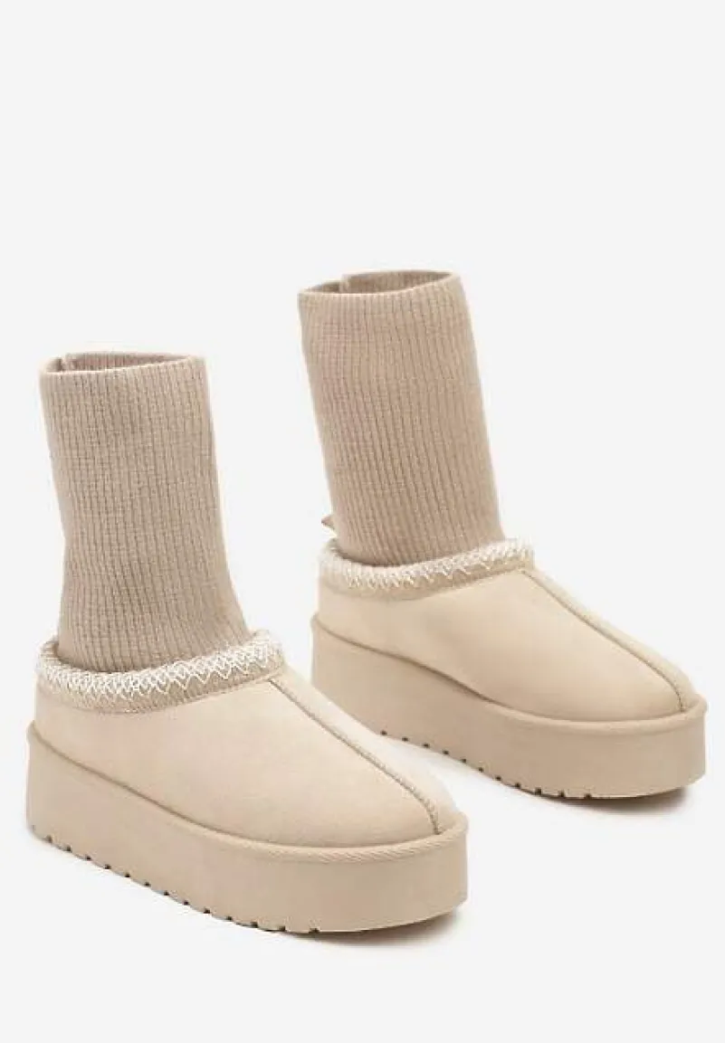 Beżowe Śniegowce na Platformie z Ozdobną Dopasowaną Cholewką i Haftowanymi Obszyciami Tinnacilia