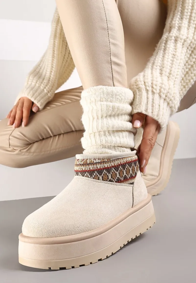 Beżowe Śniegowce na Wysokiej Platformie Ozdobione Wzorzystą Wstawką Sinalora