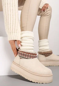 Beżowe Śniegowce na Wysokiej Platformie Ozdobione Wzorzystą Wstawką Sinalora