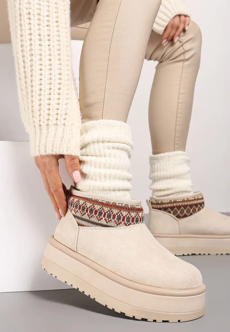 Beżowe Śniegowce na Wysokiej Platformie Ozdobione Wzorzystą Wstawką Sinalora