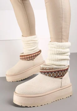 Beżowe Śniegowce na Wysokiej Platformie Ozdobione Wzorzystą Wstawką Sinalora