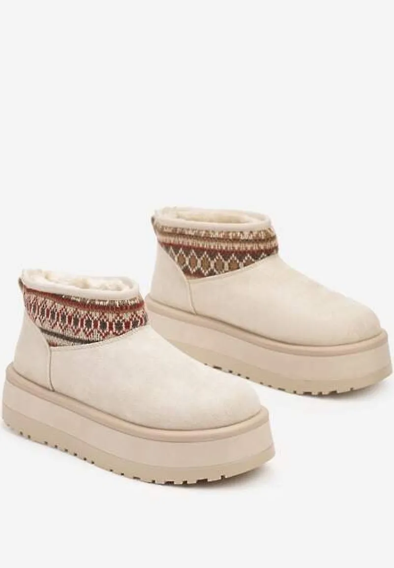 Beżowe Śniegowce na Wysokiej Platformie Ozdobione Wzorzystą Wstawką Sinalora