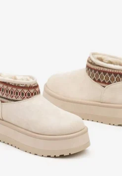 Beżowe Śniegowce na Wysokiej Platformie Ozdobione Wzorzystą Wstawką Sinalora