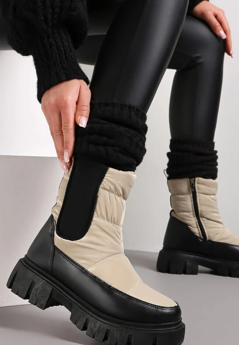 Beżowe Śniegowce Pikowane z Elastyczną Wstawką Erdrigu