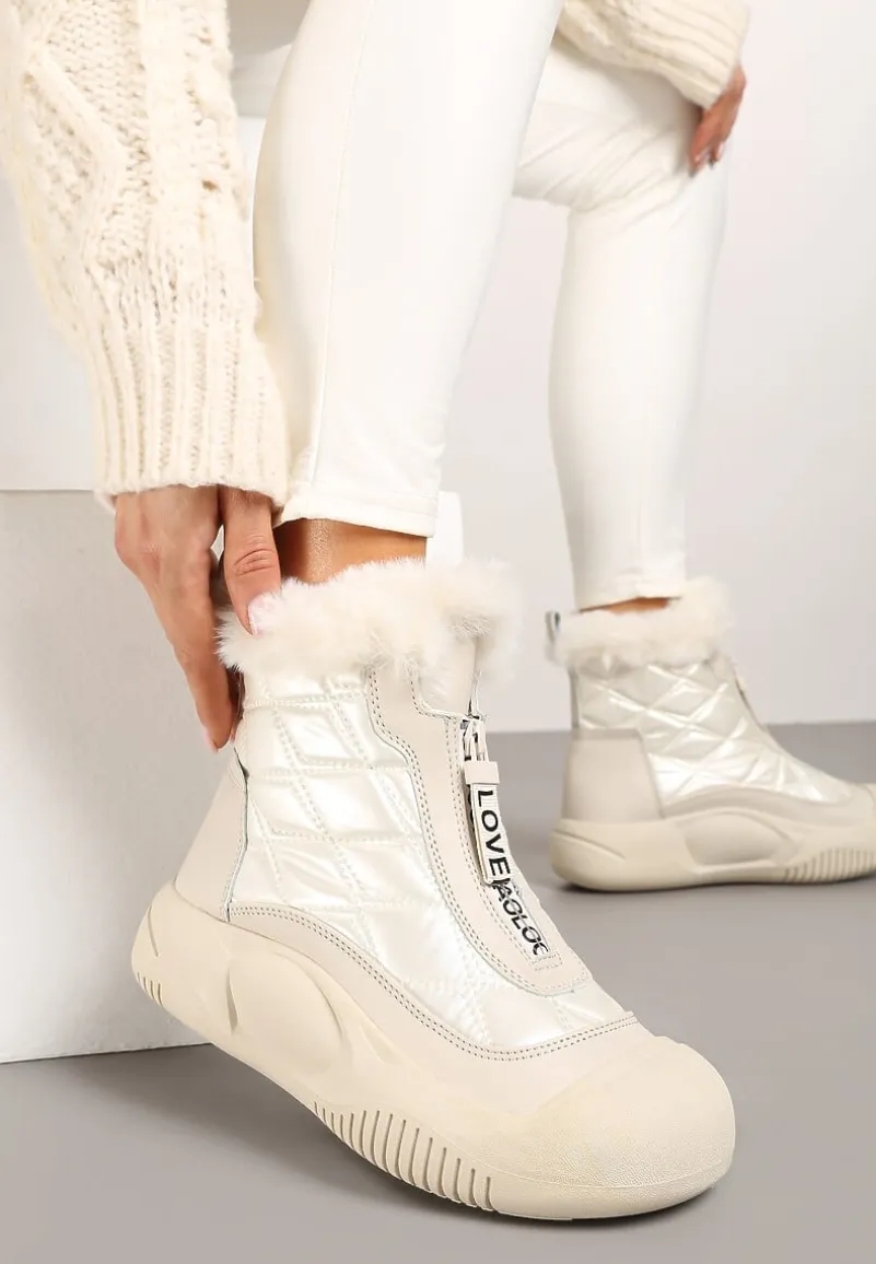Beżowe Śniegowce Vices na Platformie z Pikowaną Cholewką i Futerkiem Gemitana