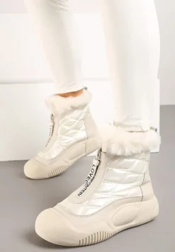 Beżowe Śniegowce Vices na Platformie z Pikowaną Cholewką i Futerkiem Gemitana
