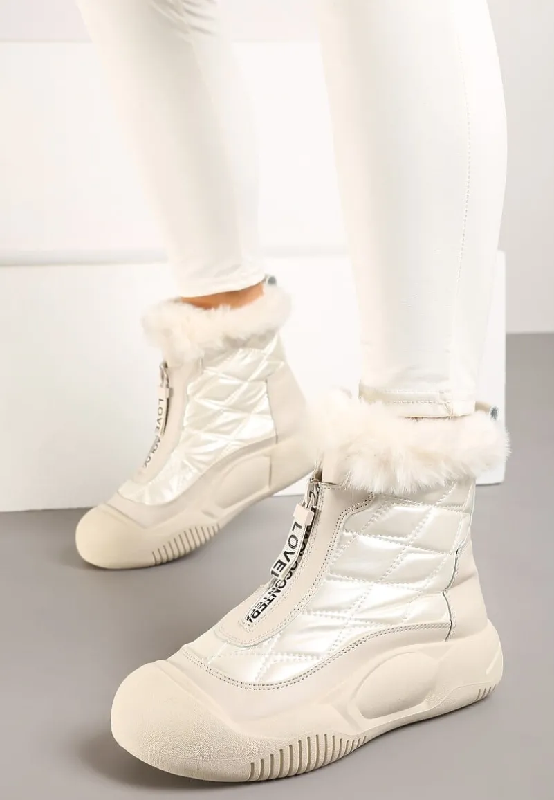 Beżowe Śniegowce Vices na Platformie z Pikowaną Cholewką i Futerkiem Gemitana